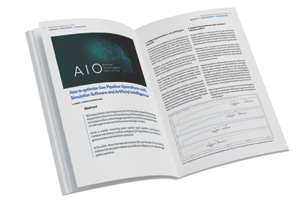 Image of a magazine open at the page of the following article from Atmos International: How to optimize gas pipeline operations with simulation software and artificial intelligence