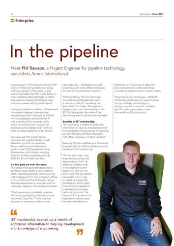 Image of PDF page featuring Atmos International's Phil Rawson Project Engineer in IET Partner News Winter 2019