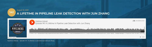 A graphic showing the Pipeliners Podcast playback with Jun Zhang, Atmos International CEO, A lifetime in leak detection
