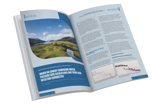 Water Digest magazine open on the page of Atmos International's article on water pressure data resolutions and their leak detection capabilities