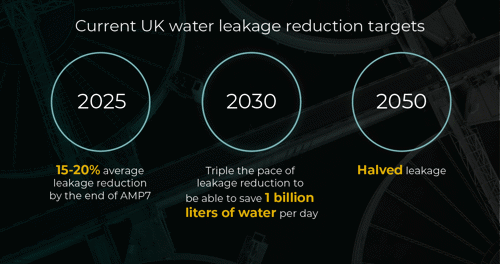 An image outlining the current UK water leakage reduction targets, which includes 2025's target of a 15-20% average leakage reduction, tripling the pace of leakage reduction by 2023 and halved leakage by 2050