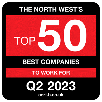 A Best Companies logo which reads "The North West's top 50 best companies to work for Q2 2023"