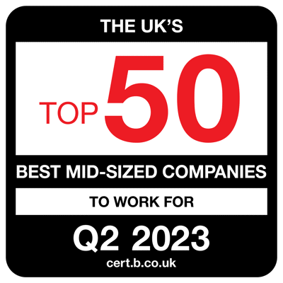 A Best Companies logo which reads "The UK's top 50 best mid-sized companies to work for Q2 2023"