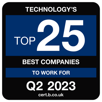 A Best Companies logo which reads "Technology's top 25 best companies to work for Q2 2023