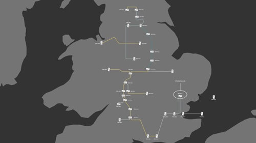 A gas transmission network demonstrating restricted capacity at supply locations when a large amount of hydrogen is injected