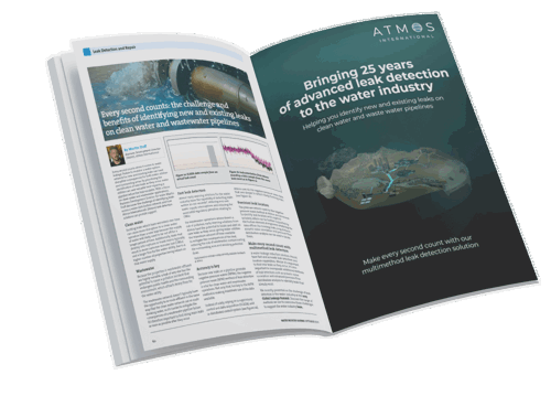 An open page magazine. On the left page is Business Development Director for water Martin Duff's article, titled: "Every second counts: the challenge and  benefits of identifying new and existing leaks  on clean water and wastewater pipelines". On the right page is an advert by Atmos International containing an aerial view image of a water distribution network.