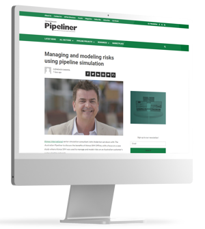 A desktop computer screen containing Senior Simulation Consultant John Anderton's Australian Pipeliner article on managing and modeling risks using pipeline simulation
