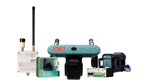 An image containing Atmos' full water hardware range. From left to right: Atmos Sentinel, Atmos Black Box, Atmos Eclipse, Atmos AWAS 6 4G and Atmos Aquarius