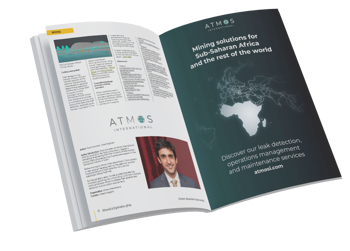 An open page magazine containing Atmos' article on combatting leaks in the Sub-Saharan African mining industry