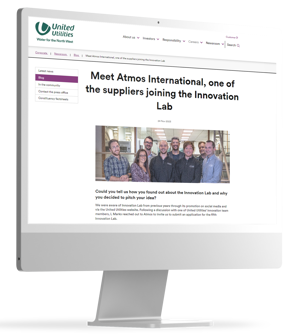 A desktop screen containing Atmos International's featured interview with United Utilities about Innovation Lab 5