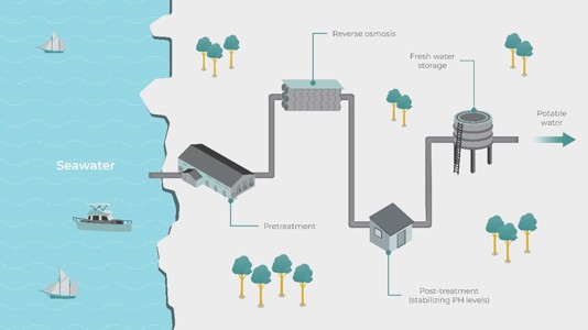An infographic visualizing the desalination process via reverse osmosis