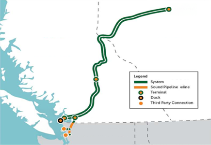 A map visualizing a customer's monitored pipeline network in North America