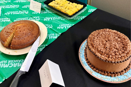 A close up of the winning chocolate cake. A large circular chocolate cake with elaborate frosting.